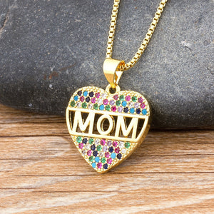 Fashion Colorful Mom Cubic Zirconia Heart Necklace Pendant Decoration Jewelry for Women Long Snake Chain Gift for Mother's Day