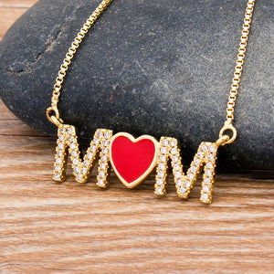 Red Heart Fashion Mom Letter Love Necklace Charms Chain Cubic Zirconia Pendant Necklace The Best Gift For Women Mother's Day