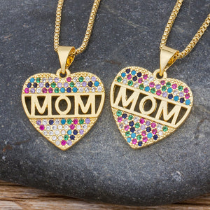 Love Heart Shape Letter Mom Cubic Zirconia Charm Pendant Necklaces Gold Color Chain Choker Necklace For Mother Jewelry Gifts